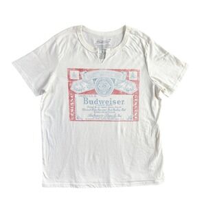 Budweiser Womens Cotton Blend T-Shirt Graphic Retro Split Neck Medium Off-White